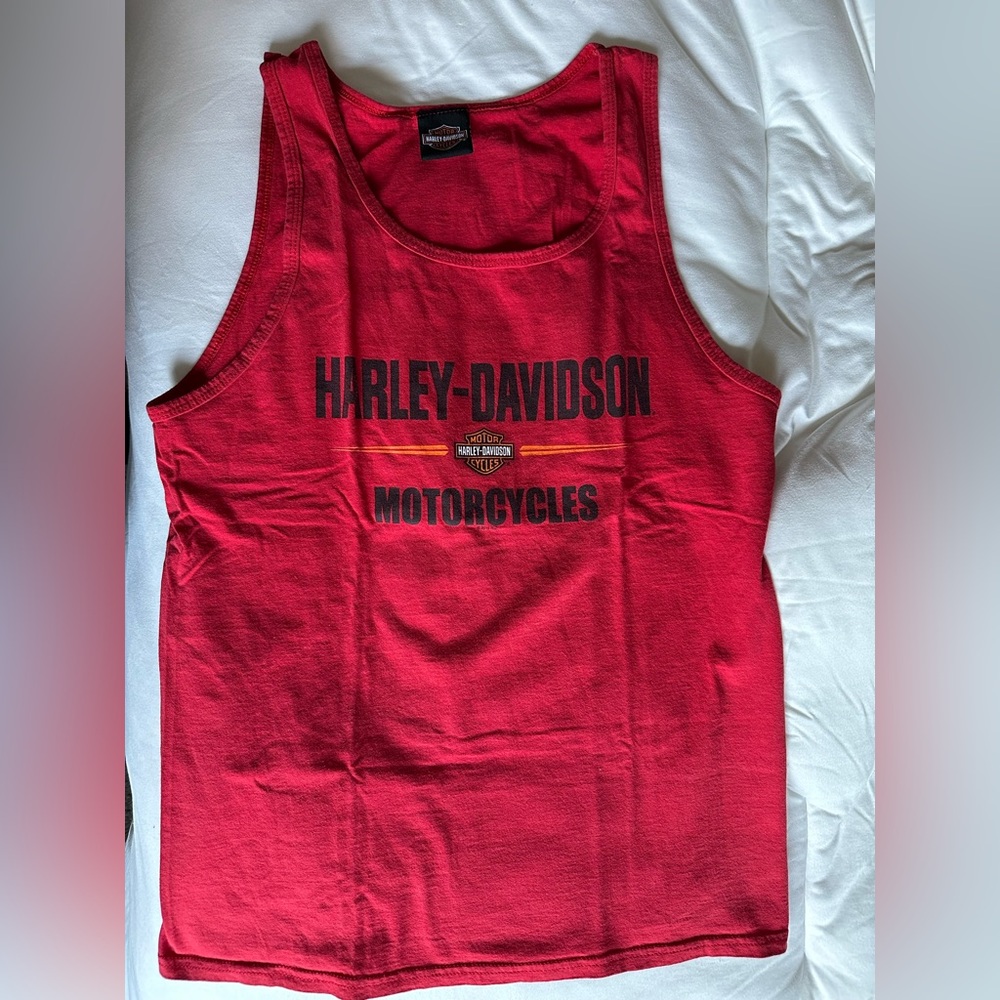 Harley-Davidson Red Tank Top with Black Logo and Yellow Accent